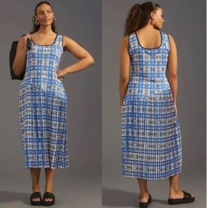 NWT Anthropologie Dhruv Kapoor Plaid Midi Dress 2X $210 Blue Black Sundress
